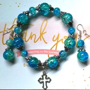 Blue and green cracked glass bead bracelet and earring set